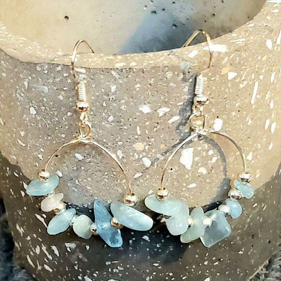 Hand Crafted Baroque Aquamarine Gemstone Sterling Silver Plated Hoop Earrings - Picture 1 of 8